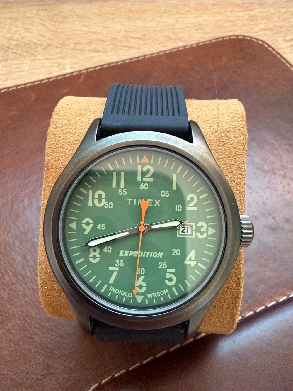 Timex Expedition Green Dial Field Watch with Black Strap and Orange Second Hand